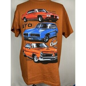 Men’s Large Vintage Pontiac GTO Muscle Car Graphic T-shirt Orange 100% Cotton